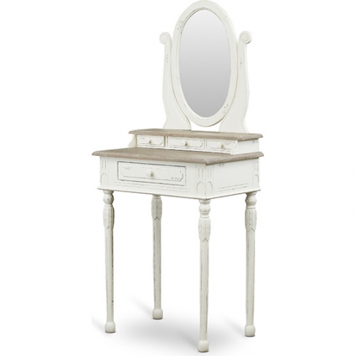 Anjou Bedroom Vanity & Mirror in Distressed Off White & Wood